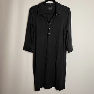 L.L.Bean Black Midi Polo Shirt Dress 3/4 Sleeve Cuffs Made in Peru Womens L-Reg